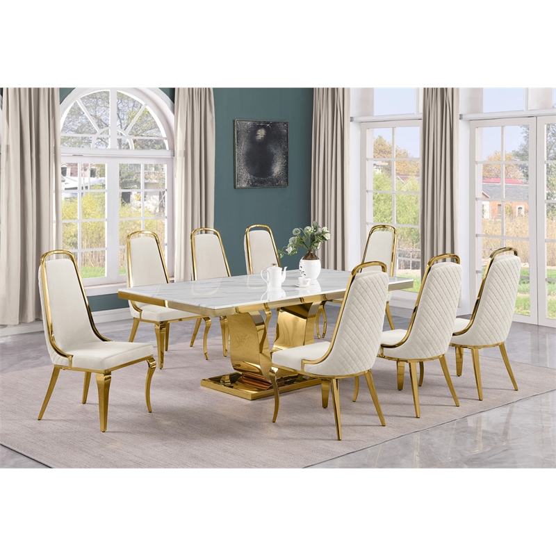 Best Quality Furniture White Marble Dining Set with Cream Velvet Chairs