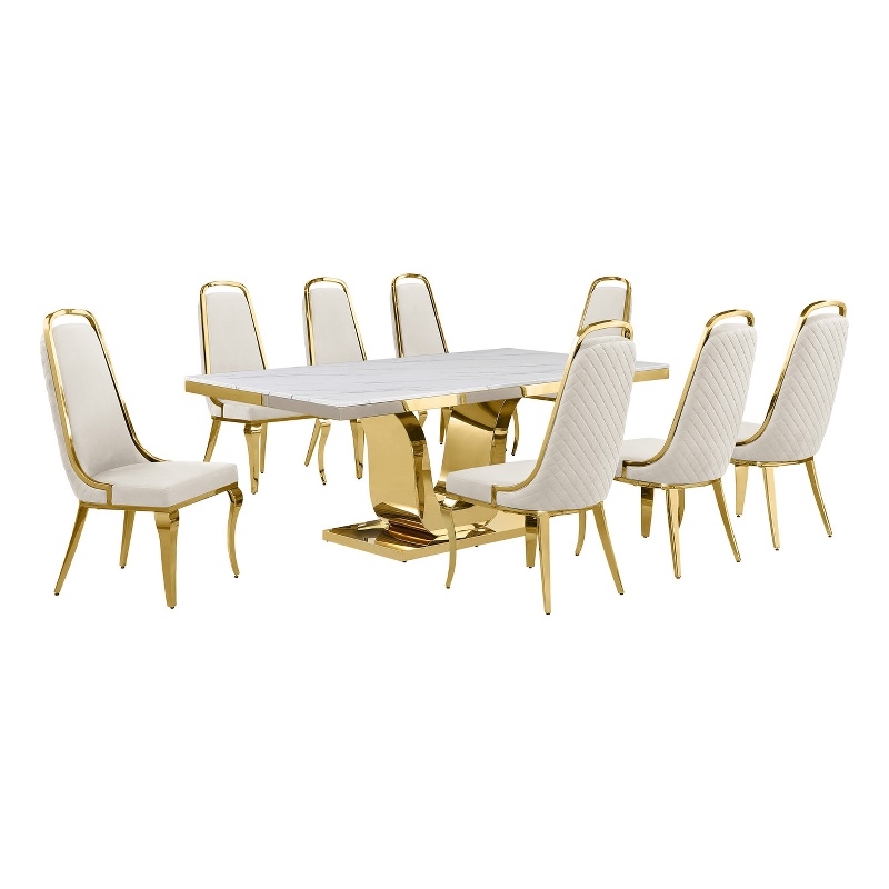 Best Quality Furniture White Marble Dining Set with Cream Velvet Chairs