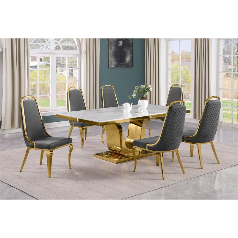 Best Quality Furniture White Marble Dining Set with Dark Gray Velvet Chairs