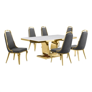 Best Quality Furniture White Marble Dining Set with Dark Gray Velvet Chairs