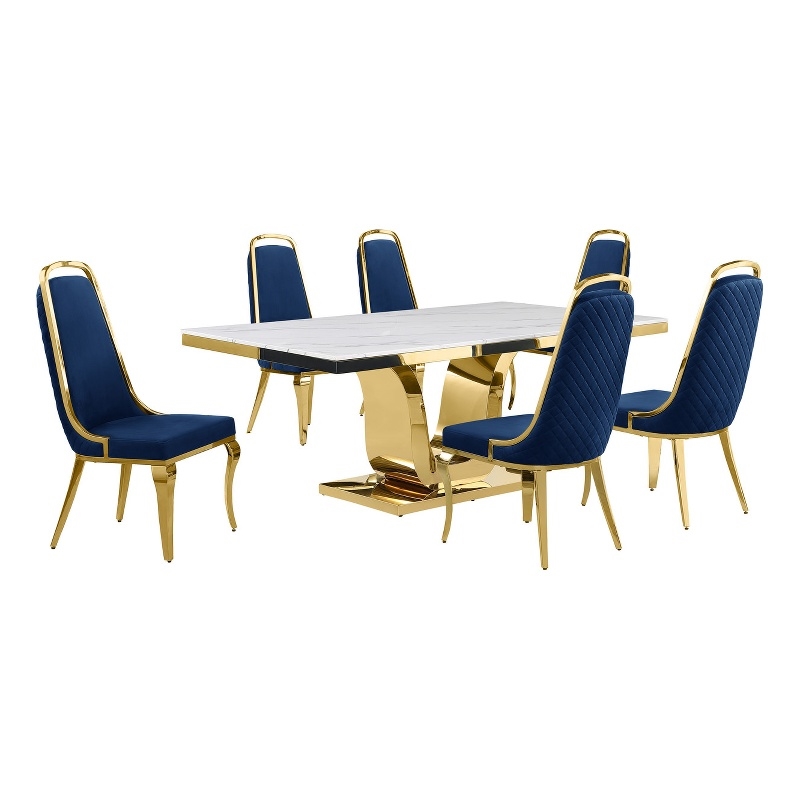 Best Quality Furniture White Marble Dining Set with Navy Blue Velvet Chairs