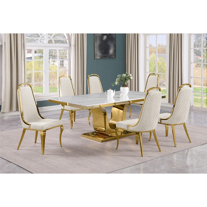 Best Quality Furniture White Marble Dining Set with Cream Velvet Chairs