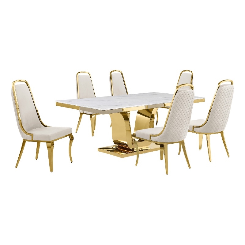 Best Quality Furniture White Marble Dining Set with Cream Velvet Chairs
