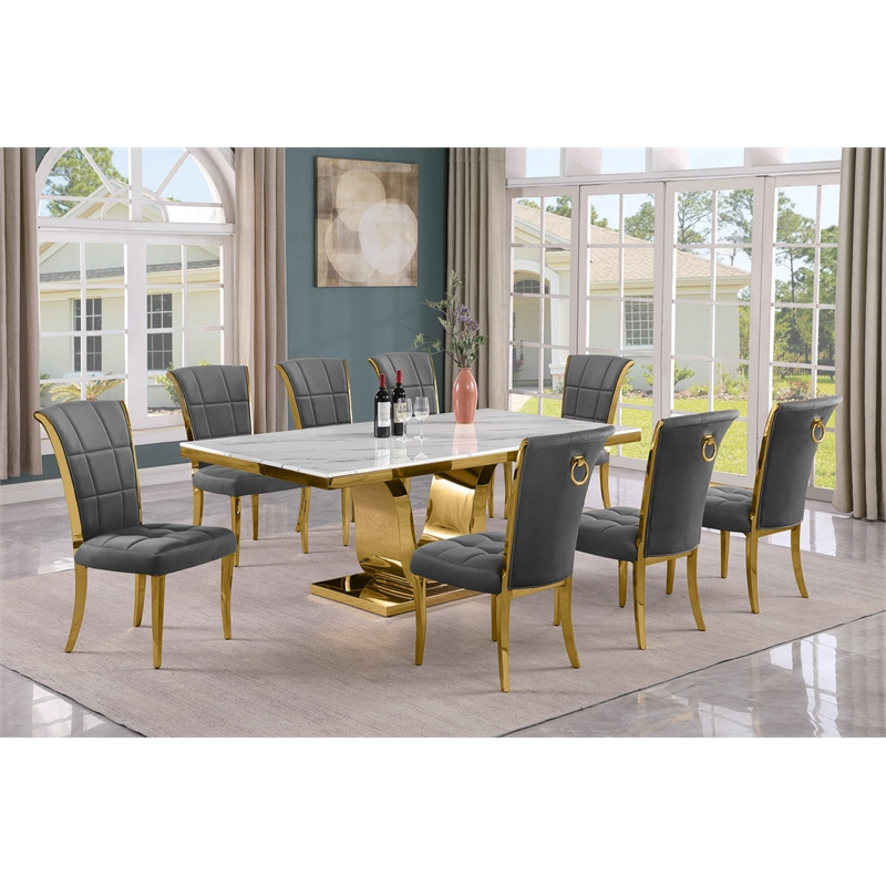 Best Quality Furniture White Marble Dining Set with Dark Gray Velvet Chairs