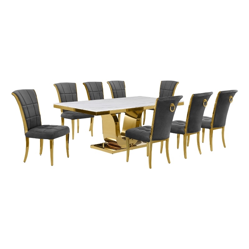 Best Quality Furniture White Marble Dining Set with Dark Gray Velvet Chairs