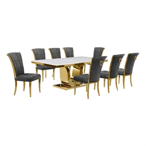 Best Quality Furniture White Marble Dining Set with Dark Gray Velvet Chairs