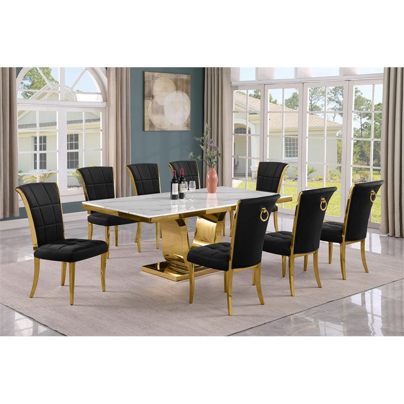 Best Quality Furniture White Marble Dining Set with Black Velvet Chairs