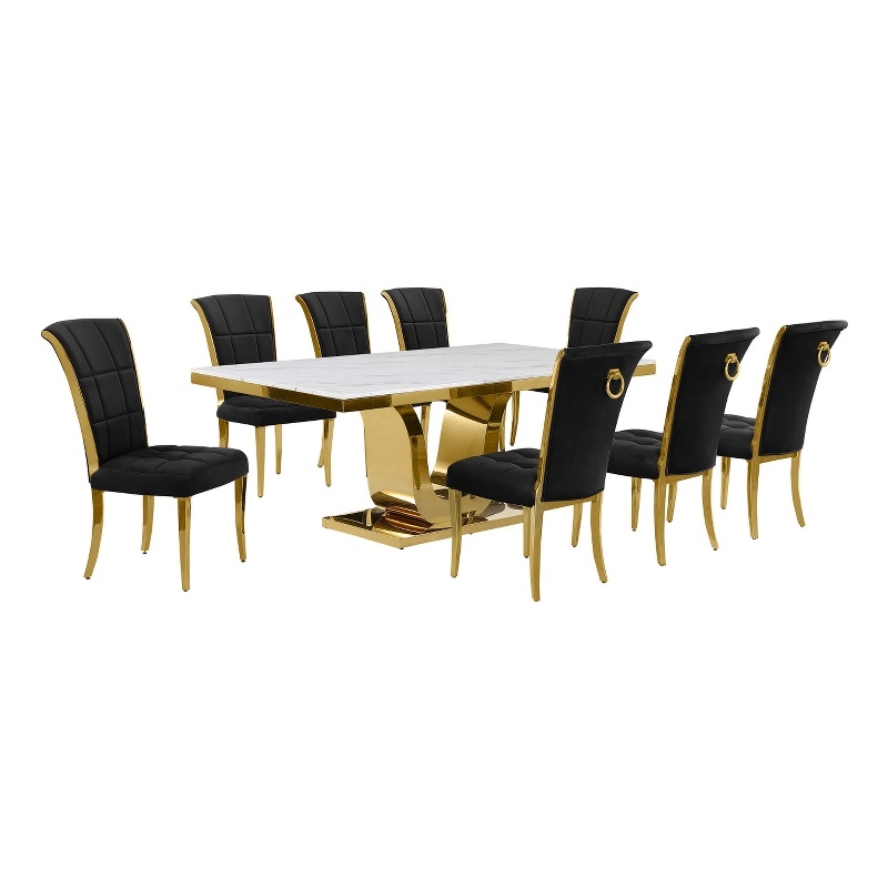 Best Quality Furniture White Marble Dining Set with Black Velvet Chairs