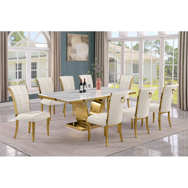 Best Quality Furniture White Marble Dining Set with Cream Velvet Chairs