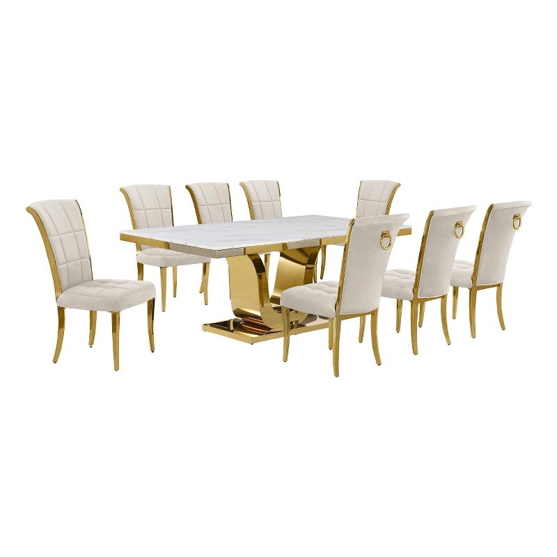 Best Quality Furniture White Marble Dining Set with Cream Velvet Chairs