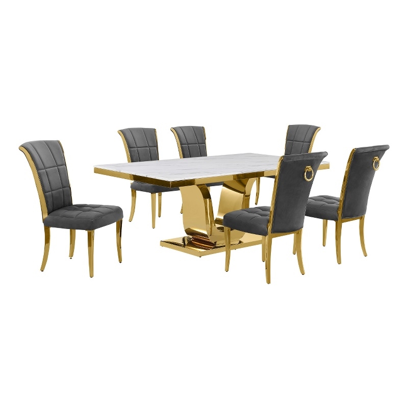 Best Quality Furniture White Marble Dining Set with Dark Gray Velvet Chairs