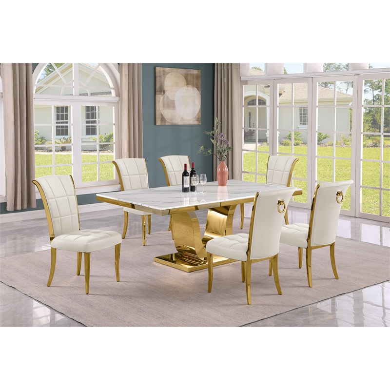 Best Quality Furniture White Marble Dining Set with Cream Velvet Chairs