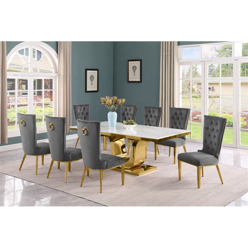 Best Quality Furniture White Marble Dining Set with Dark Gray Velvet Chairs
