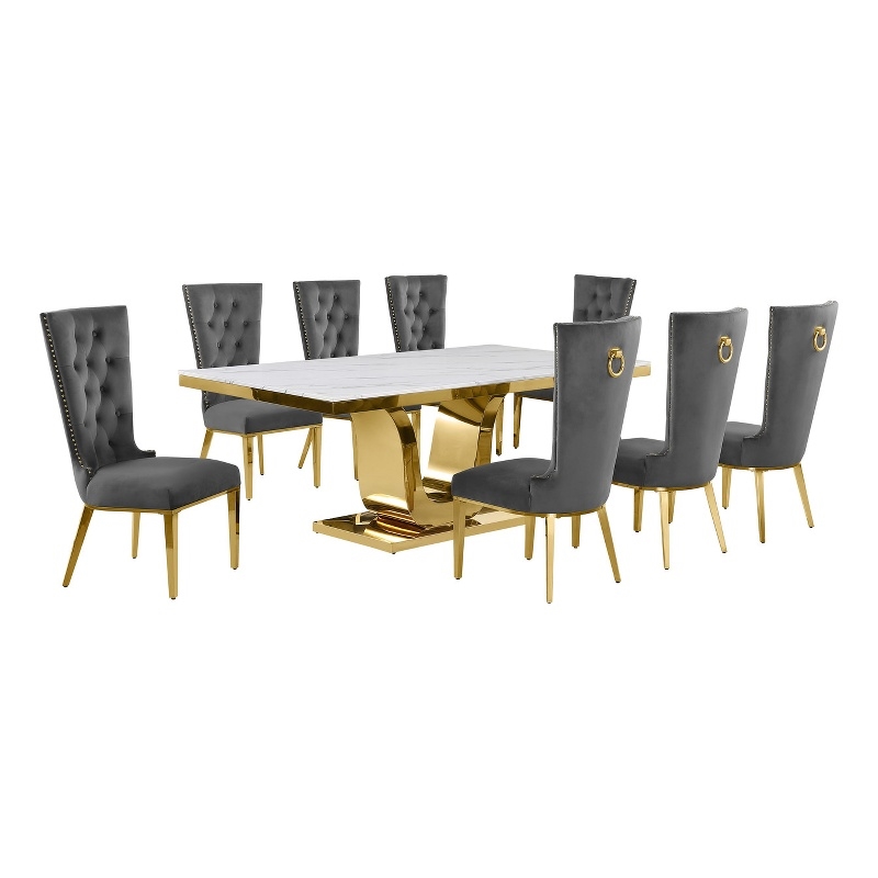 Best Quality Furniture White Marble Dining Set with Dark Gray Velvet Chairs
