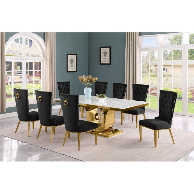 Best Quality Furniture White Marble Dining Set with Black Velvet Chairs