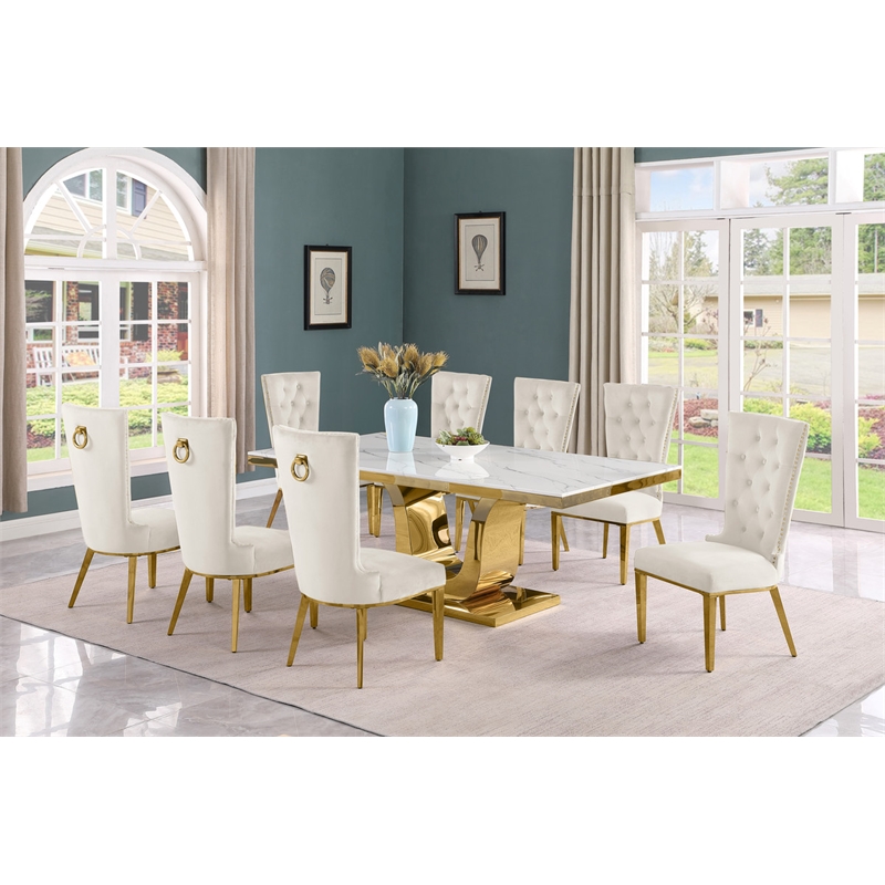 Best Quality Furniture White Marble Dining Set with Cream Velvet Chairs