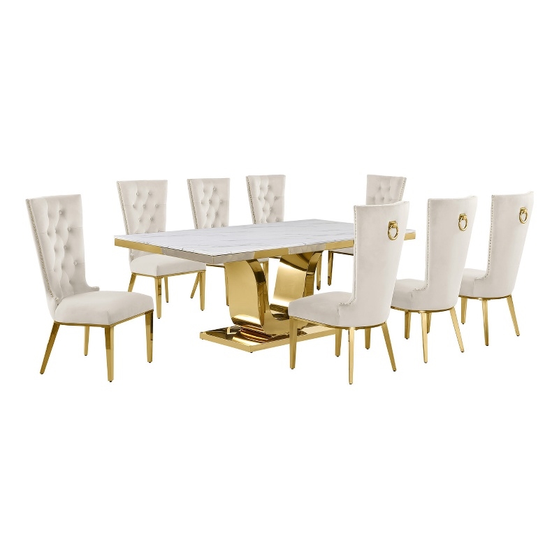 Best Quality Furniture White Marble Dining Set with Cream Velvet Chairs