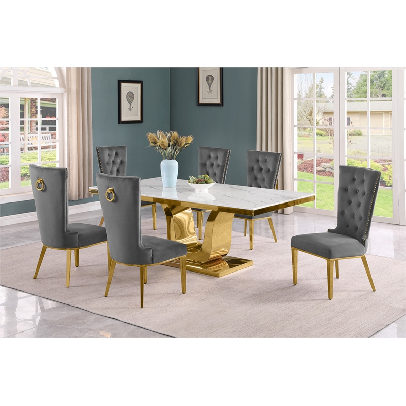 Best Quality Furniture White Marble Dining Set with Dark Gray Velvet Chairs