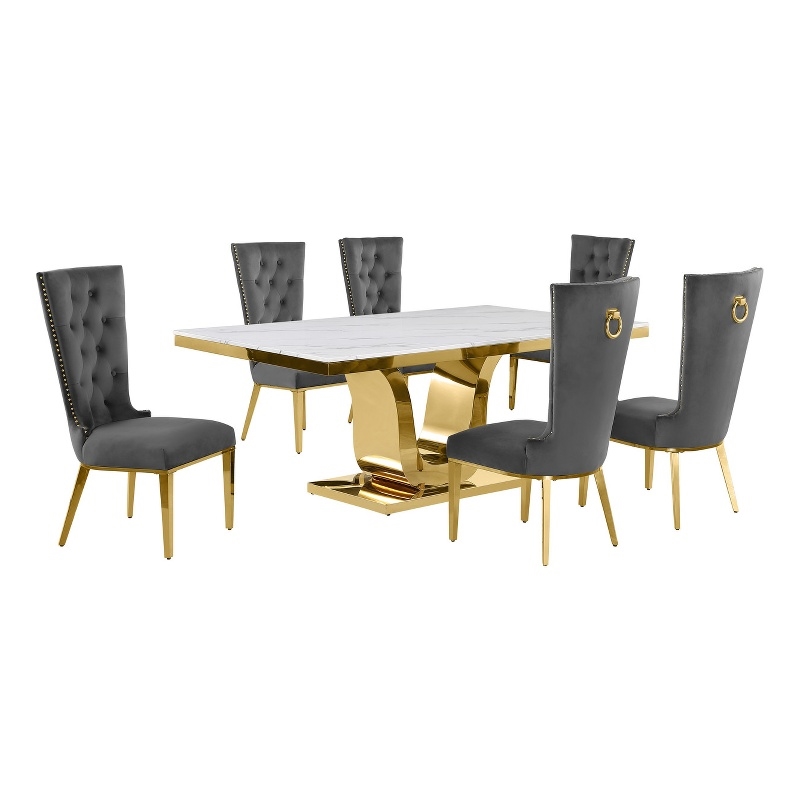 Best Quality Furniture White Marble Dining Set with Dark Gray Velvet Chairs