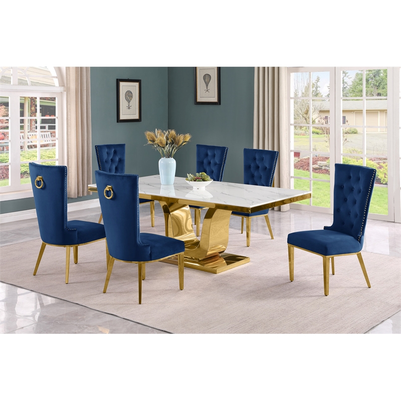 Best Quality Furniture White Marble Dining Set with Navy Blue Velvet Chairs