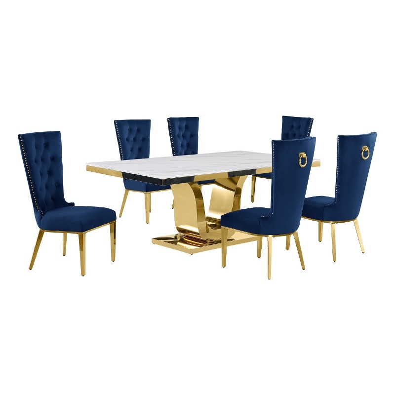 Best Quality Furniture White Marble Dining Set with Navy Blue Velvet Chairs