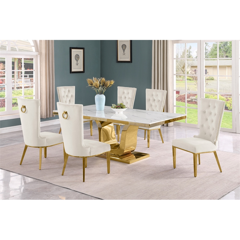 Best Quality Furniture White Marble Dining Set with Cream Velvet Chairs