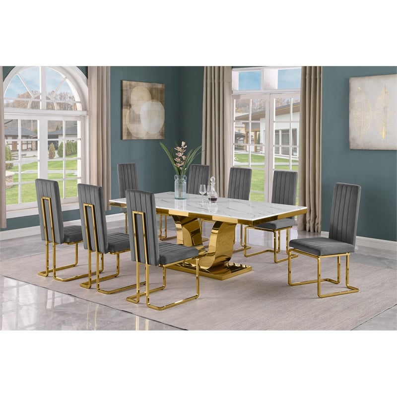 Best Quality Furniture White Marble Dining Set with Dark Gray Velvet Chairs