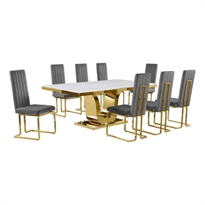 Best Quality Furniture White Marble Dining Set with Dark Gray Velvet Chairs