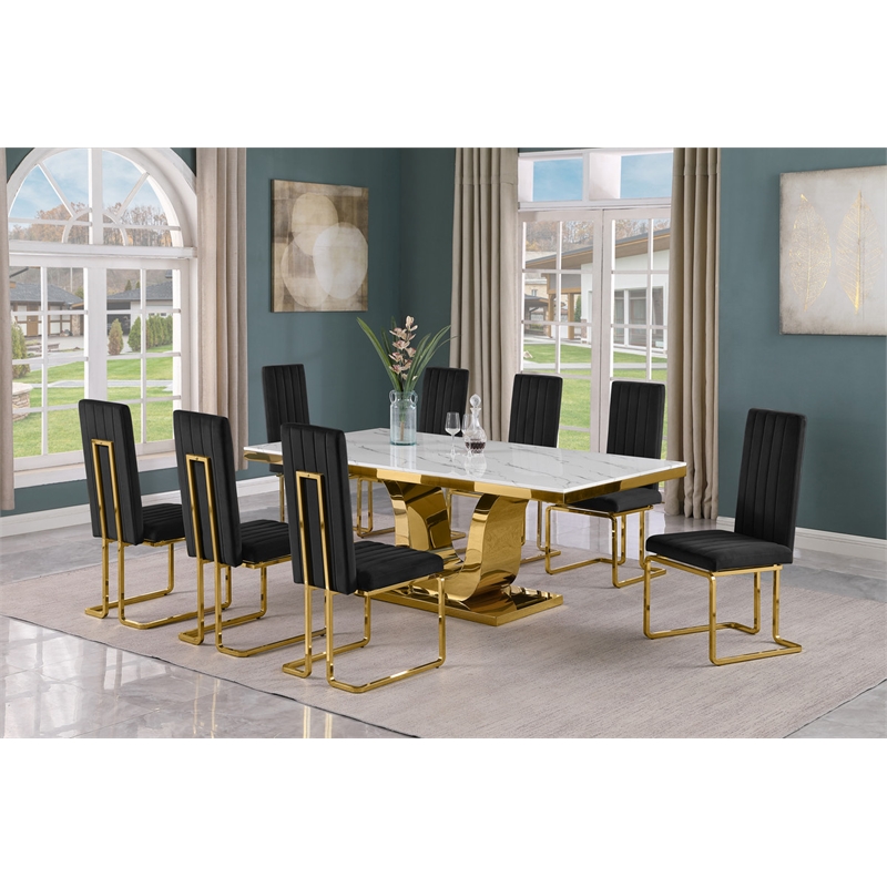 Best Quality Furniture White Marble Dining Set with Black Velvet Chairs