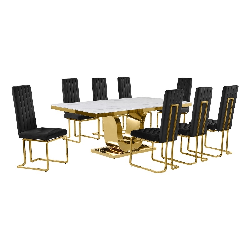 Best Quality Furniture White Marble Dining Set with Black Velvet Chairs