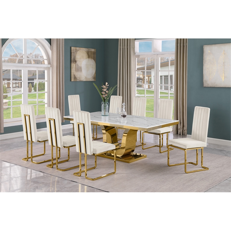 Best Quality Furniture White Marble Dining Set with Cream Velvet Chairs