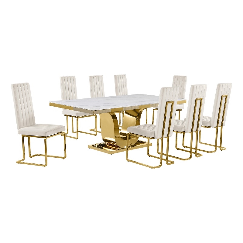Best Quality Furniture White Marble Dining Set with Cream Velvet Chairs