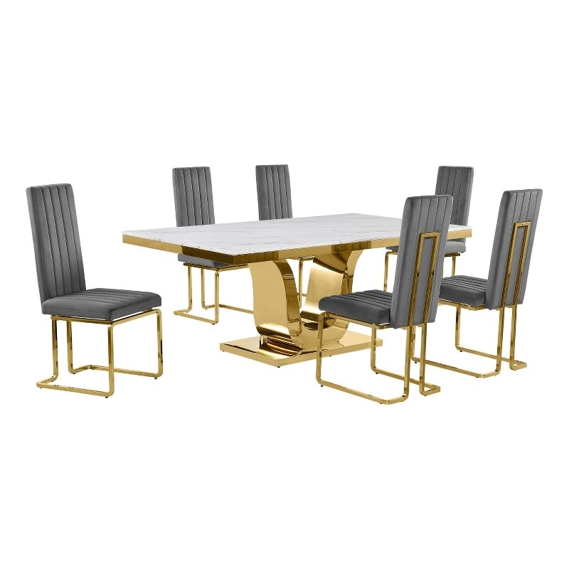 Best Quality Furniture White Marble Dining Set with Dark Gray Velvet Chairs