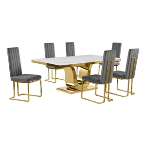 Best Quality Furniture White Marble Dining Set with Dark Gray Velvet Chairs