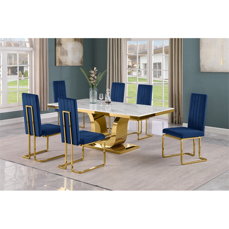 Best Quality Furniture White Marble Dining Set with Navy Blue Velvet Chairs