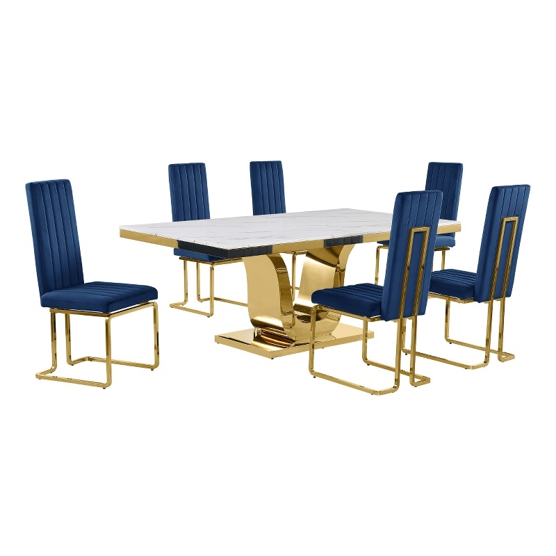 Best Quality Furniture White Marble Dining Set with Navy Blue Velvet Chairs