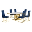 Best Quality Furniture White Marble Dining Set with Navy Blue Velvet Chairs