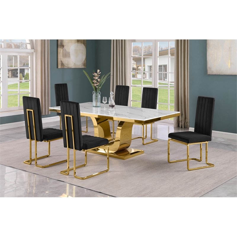 Best Quality Furniture White Marble Dining Set with Black Velvet Chairs