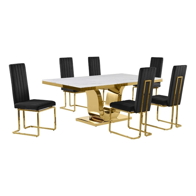 Best Quality Furniture White Marble Dining Set with Black Velvet Chairs