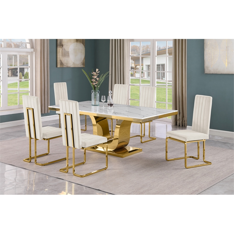 Best Quality Furniture White Marble Dining Set with Cream Velvet Chairs