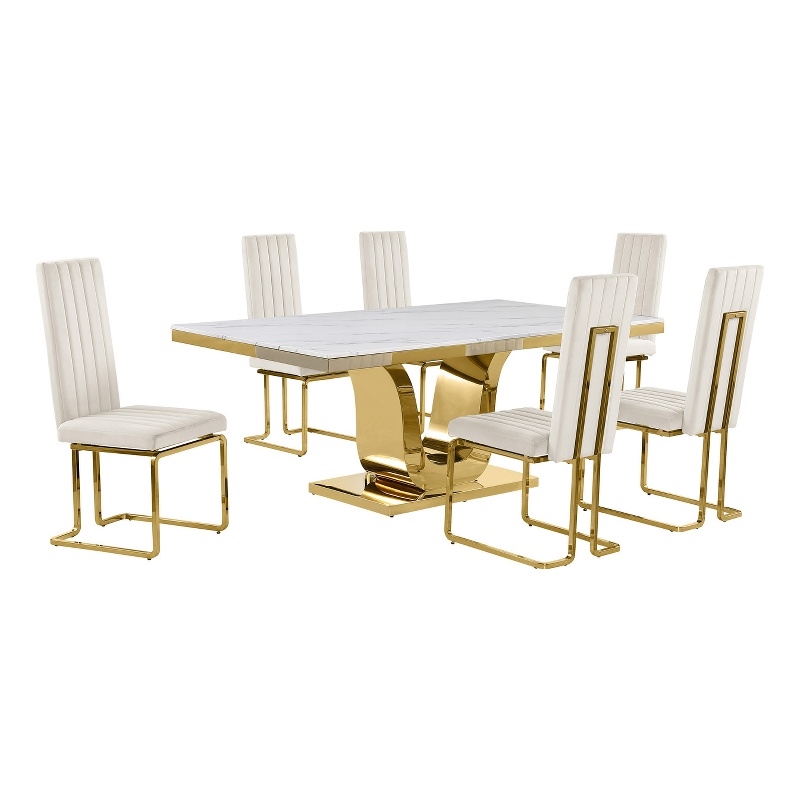 Best Quality Furniture White Marble Dining Set with Cream Velvet Chairs