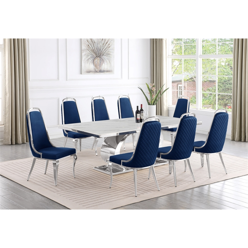 Best Quality Furniture White Marble Dining Set with Navy Blue Velvet Chairs