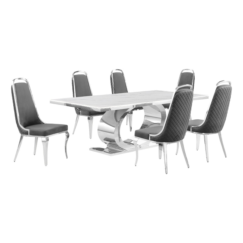 Best Quality Furniture White Marble Dining Set with Dark Gray Velvet Chairs
