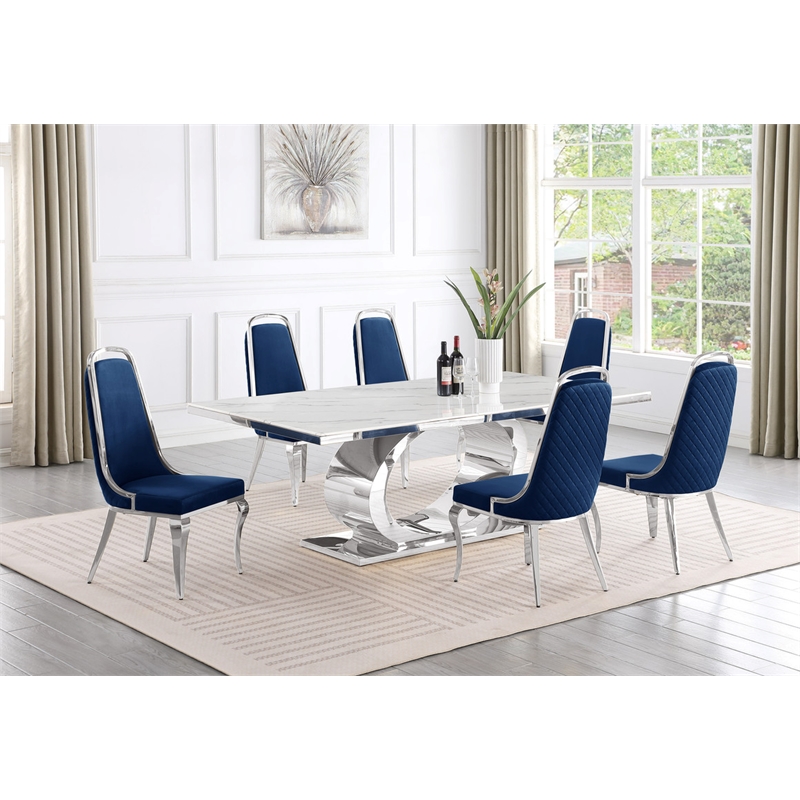 Best Quality Furniture White Marble Dining Set with Navy Blue Velvet Chairs