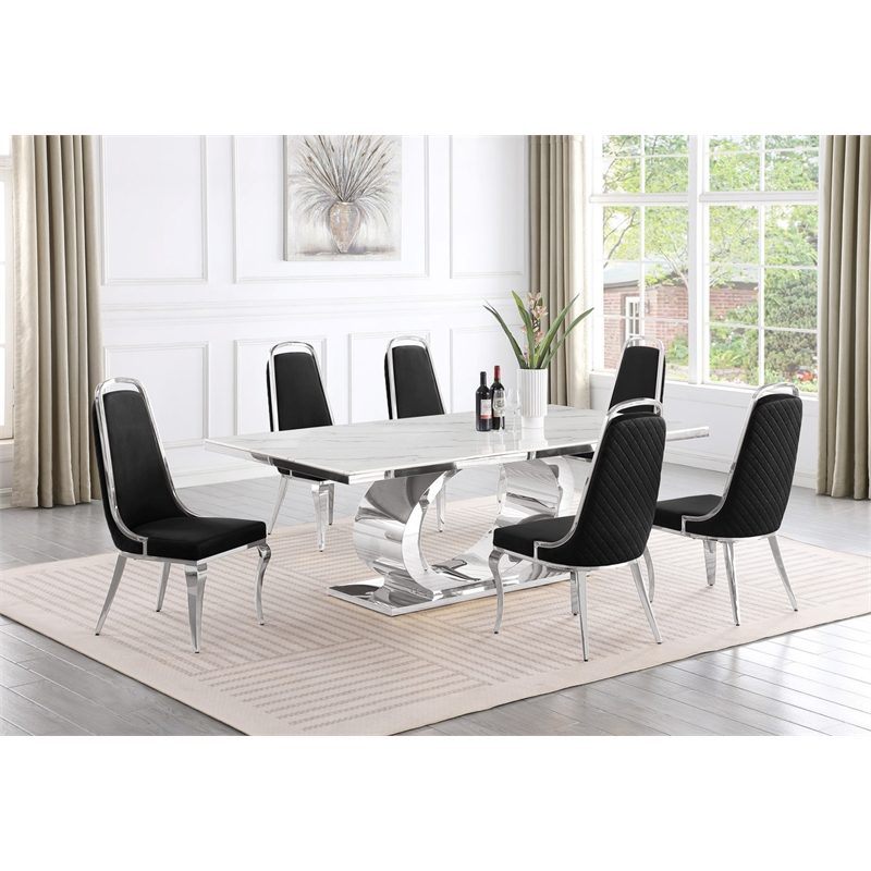 Best Quality Furniture White Marble Dining Set with Black Velvet Chairs
