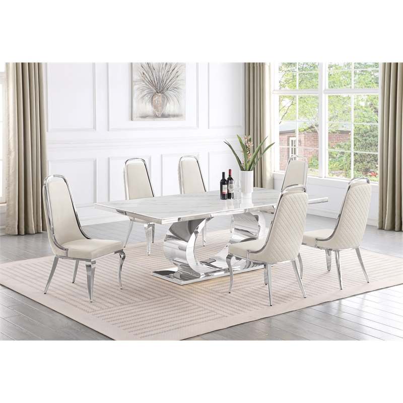 Best Quality Furniture White Marble Dining Set with Cream Velvet Chairs