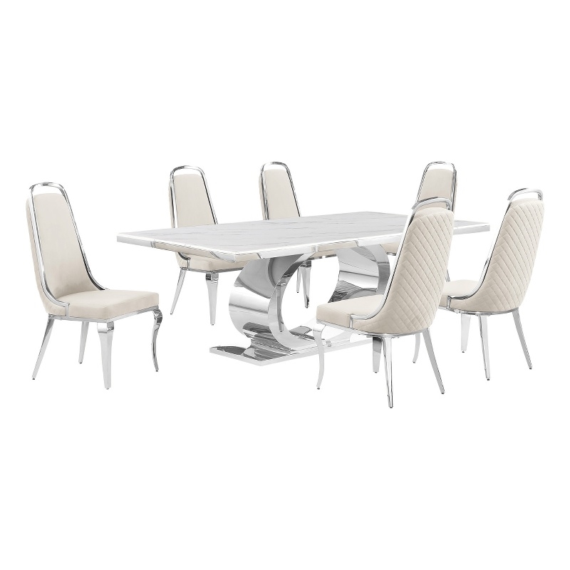Best Quality Furniture White Marble Dining Set with Cream Velvet Chairs