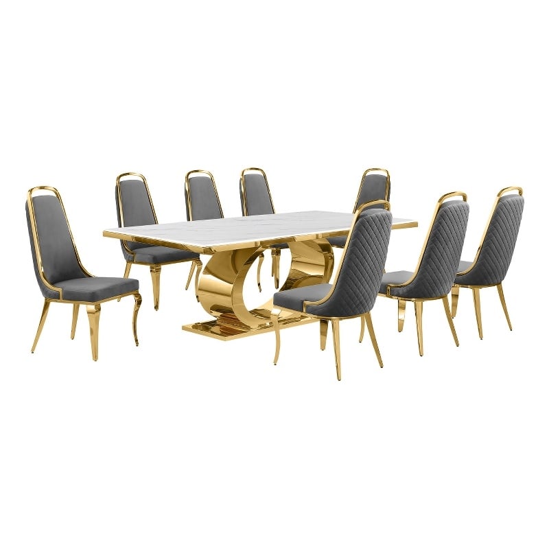 Best Quality Furniture White Marble Dining Set with Dark Gray Velvet Chairs
