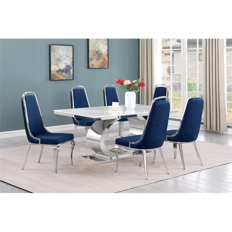 Best Quality Furniture White Marble Dining Set with Navy Blue Velvet Chairs