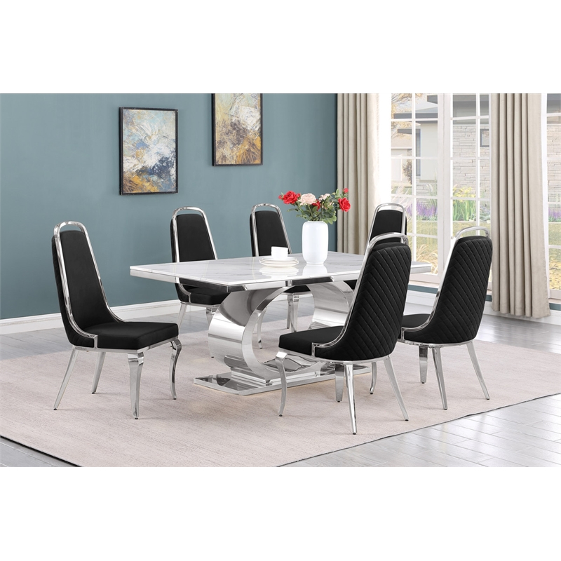 Best Quality Furniture White Marble Dining Set with Black Velvet Chairs